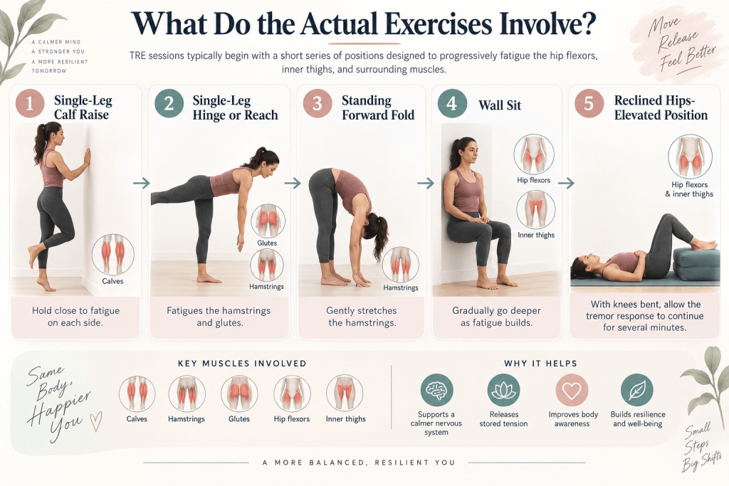 TRE exercise sequence for muscle fatigue and tremor response.