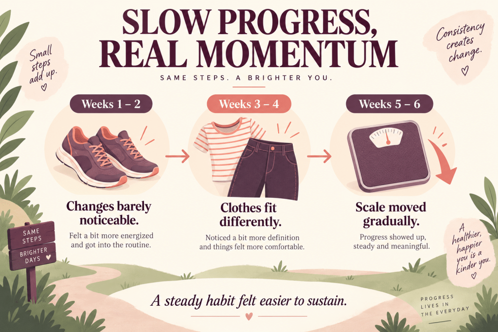 Walking progress and gradual weight change in weeks five and six.