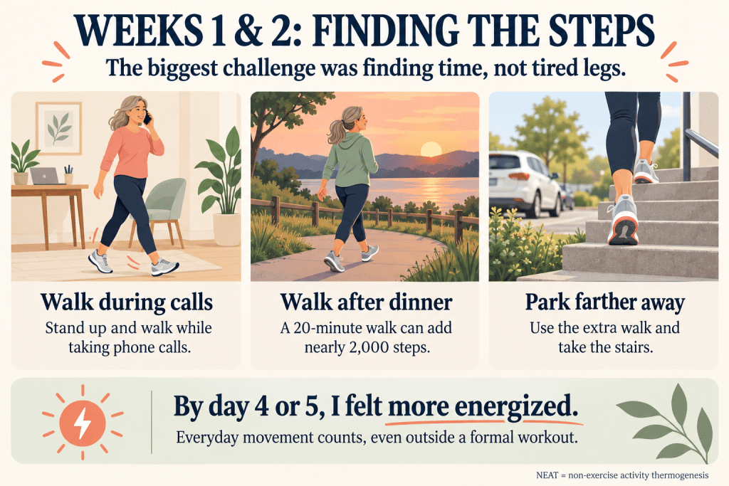 Three ways to add steps during the day: walk during calls, after dinner, and from farther parking.