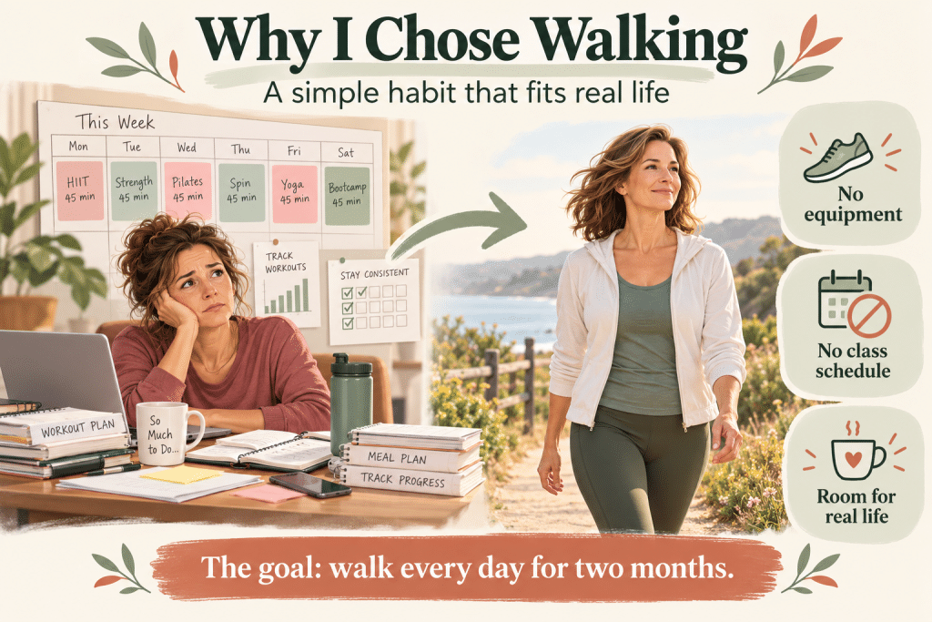 Woman walking beside a busy workout schedule.