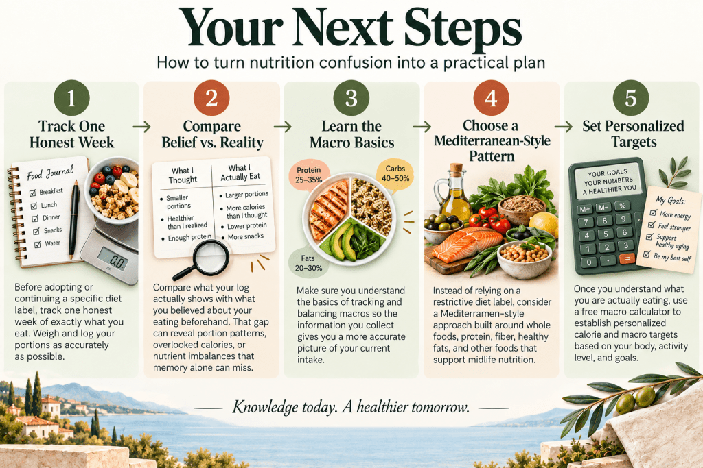 Five-step nutrition plan for tracking food and setting macro goals.