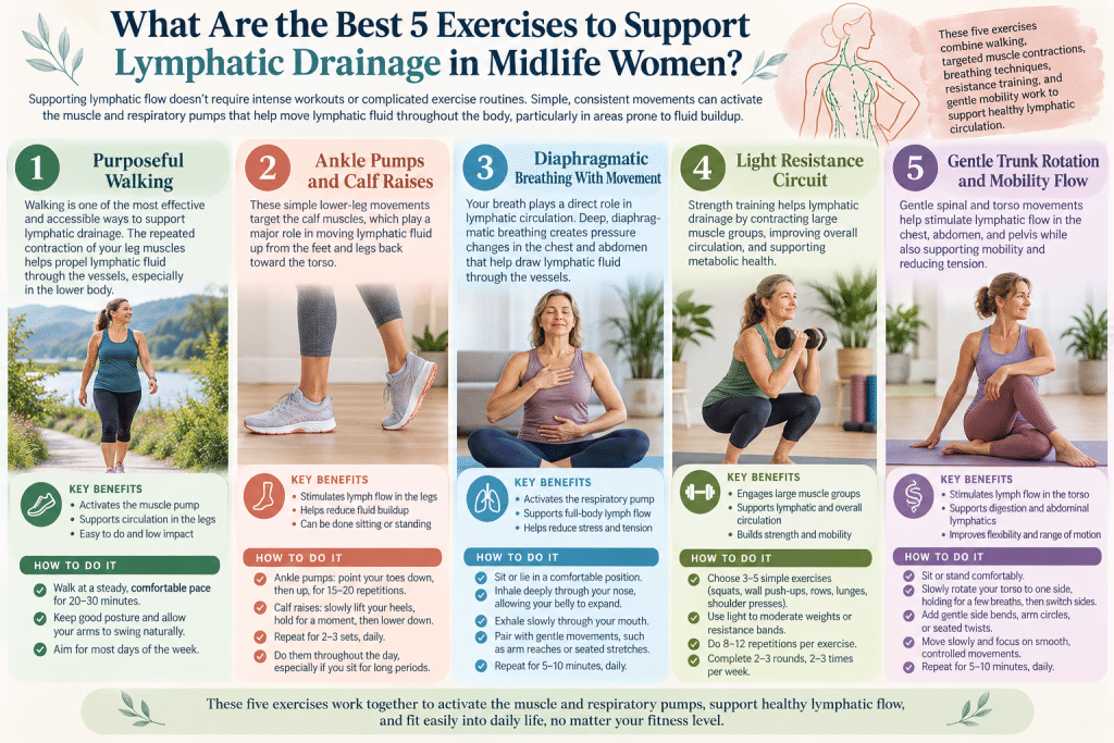 Five gentle exercises to support lymphatic drainage in midlife women.