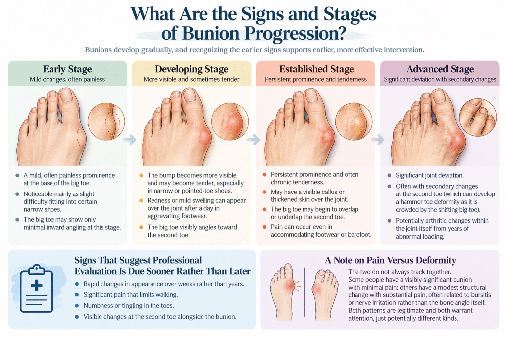 Four stages of bunion progression, from early to advanced, with symptoms and warning signs.