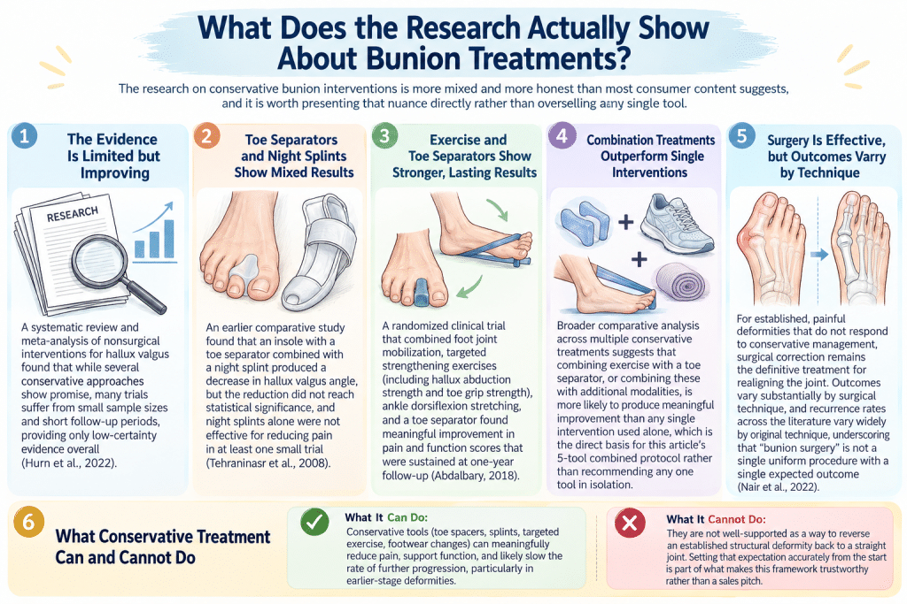 Infographic showing research findings on bunion treatments, exercises, toe separators, splints, and surgery.