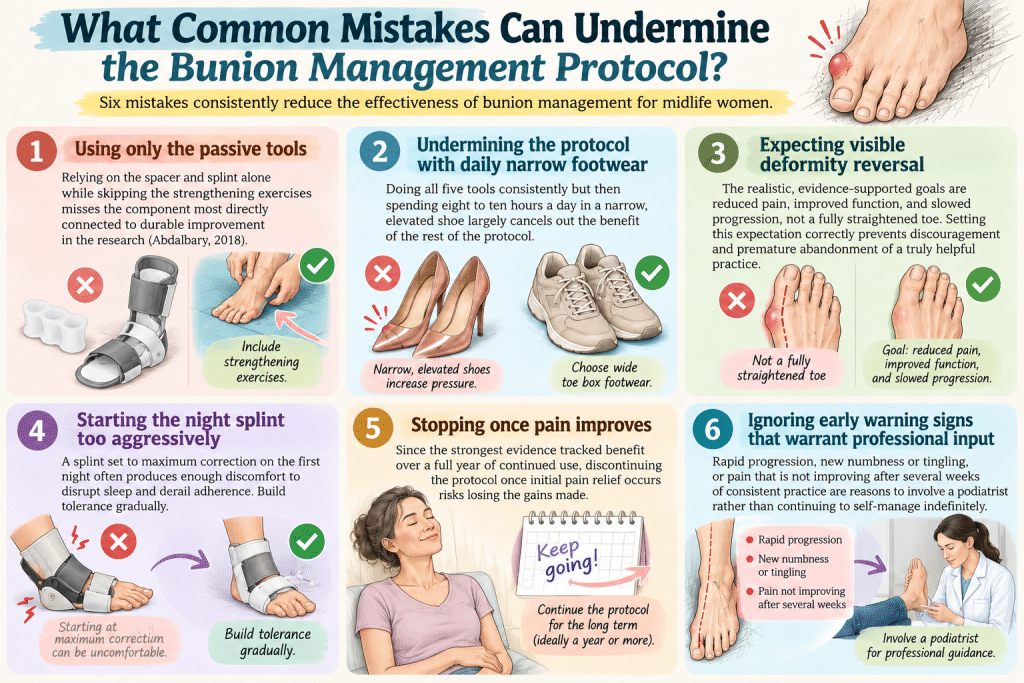 Infographic showing six common bunion management mistakes and tips for better foot care.