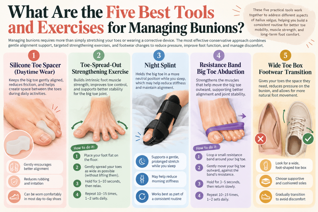 Five tools and exercises for managing bunions and improving foot comfort.