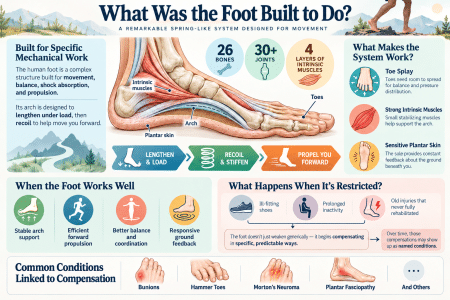 Infographic showing foot anatomy, natural movement, and common foot conditions.