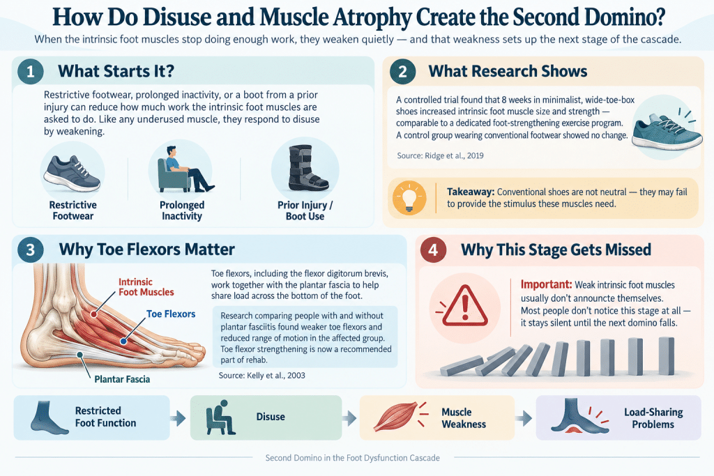 Infographic showing how foot muscle disuse leads to weakness and load-sharing problems.