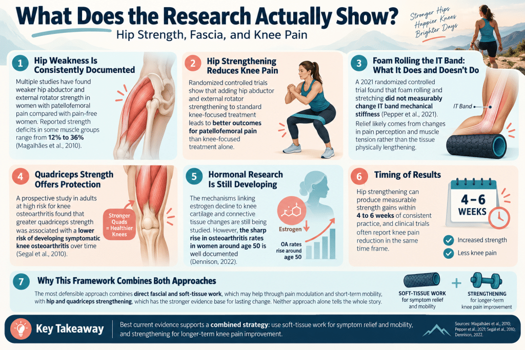 Infographic showing research on hip strength, fascia, foam rolling, and knee pain relief.