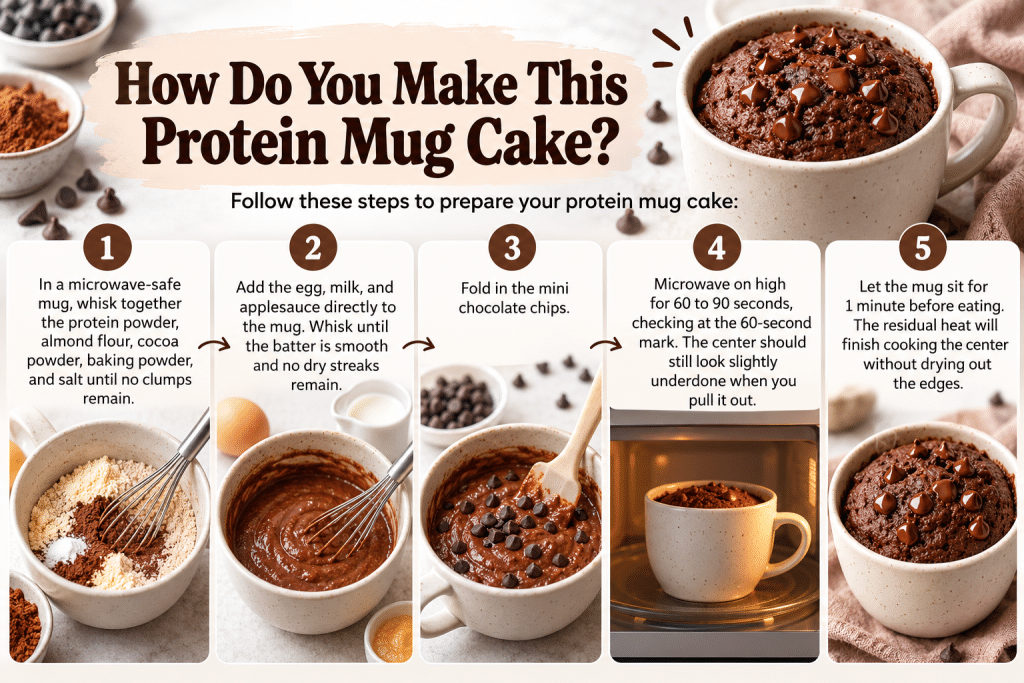 Five easy steps to make a chocolate protein mug cake.