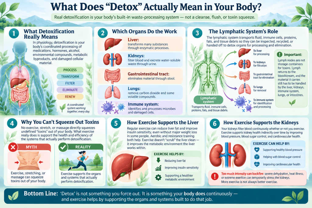 Infographic explaining natural detoxification, key organs, lymphatic function, and exercise benefits.