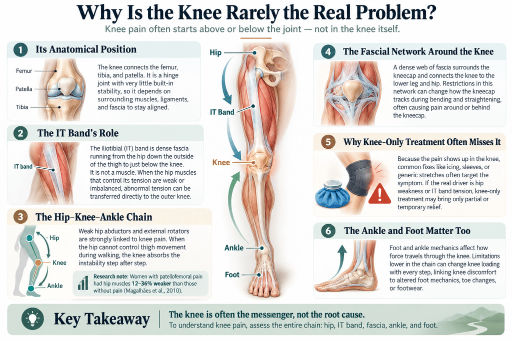 Infographic showing how hip, IT band, and ankle issues contribute to knee pain.
