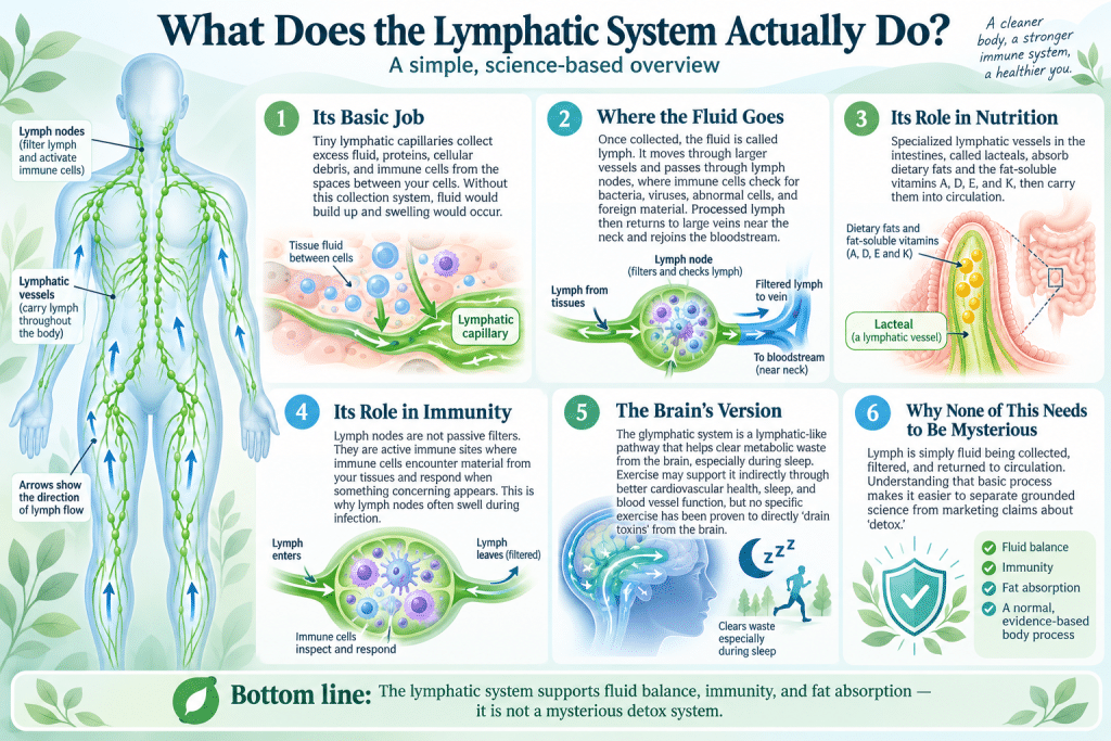 Infographic showing how the lymphatic system supports fluid balance, immunity, fat absorption, and waste clearance.