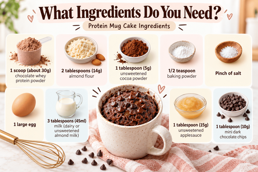 Protein mug cake ingredients with measurements.