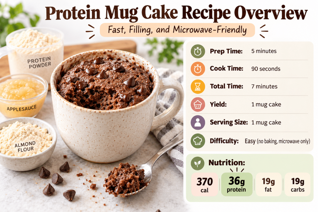 Protein mug cake with prep time, cooking time, and nutrition facts.