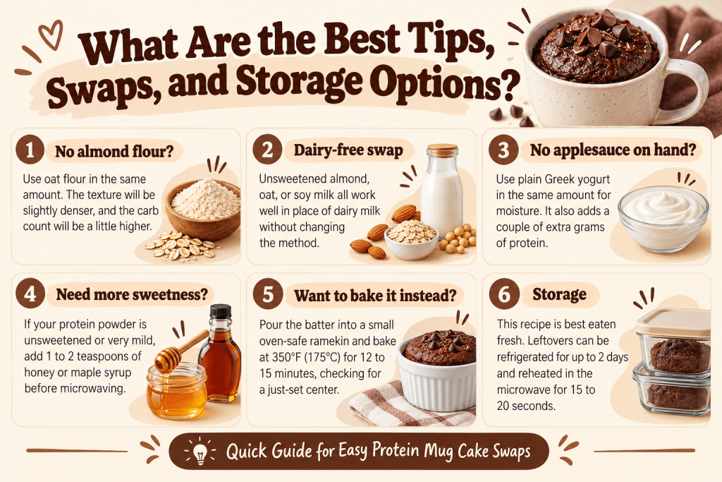 Protein mug cake tips, ingredient swaps, and storage guide.
