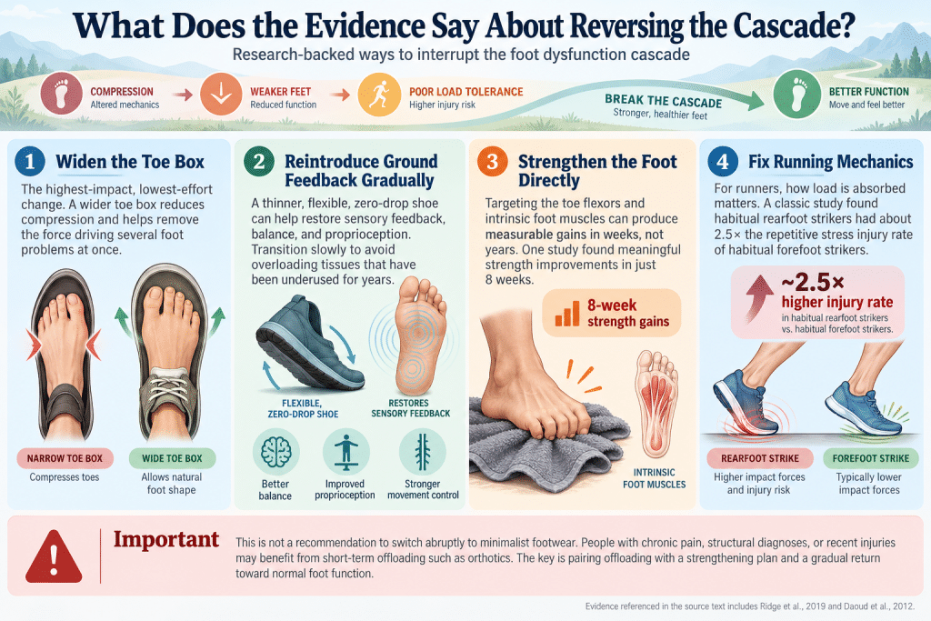 Infographic showing four ways to improve foot strength, mobility, and function.