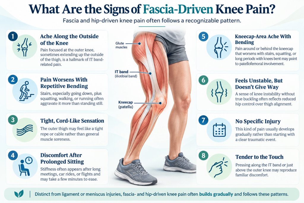 Infographic showing eight common signs of fascia-driven knee pain.