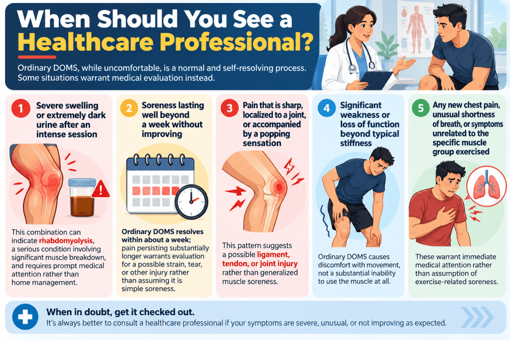 Infographic showing five warning signs of muscle soreness that require medical attention.