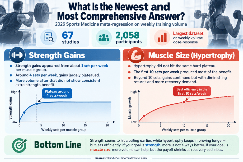 Strength vs hypertrophy weekly training volume infographic.