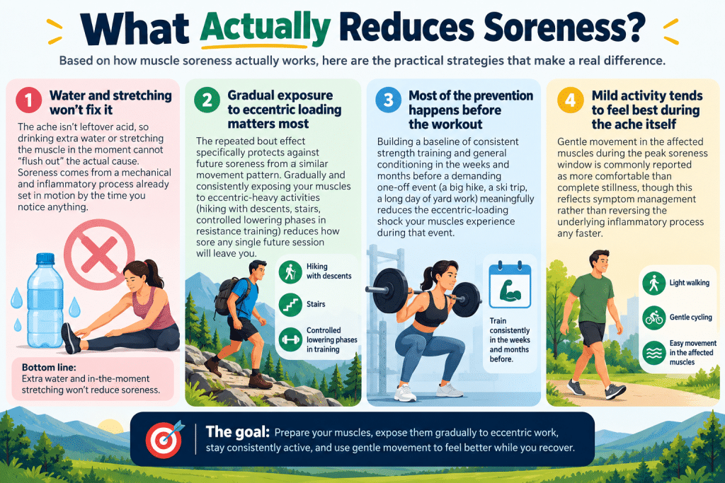 Infographic showing four ways to reduce muscle soreness through training and gentle movement.