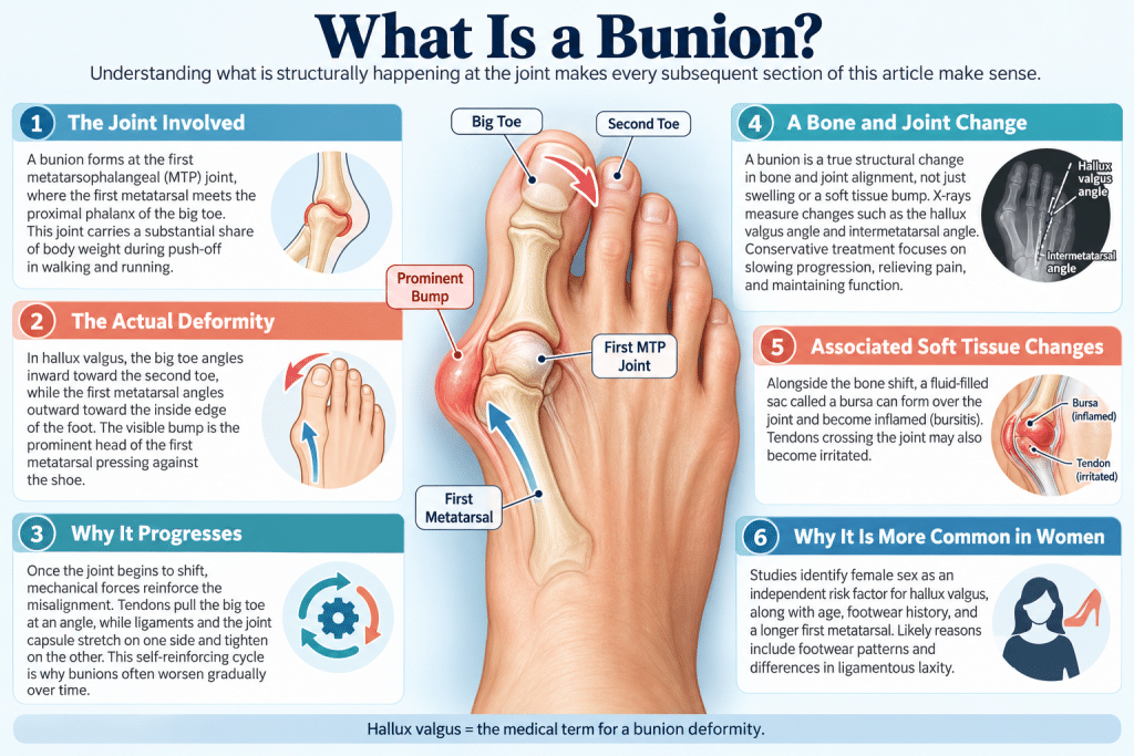 Infographic showing bunion anatomy, causes, joint misalignment, and progression.