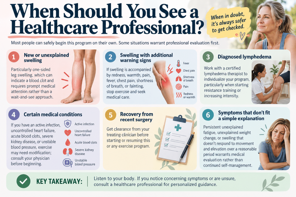 Infographic showing six warning signs that require medical evaluation before exercise.