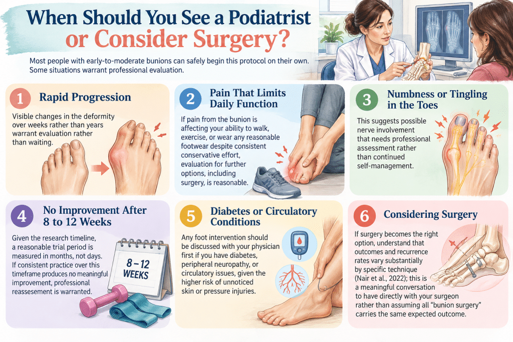 Infographic showing six signs to see a podiatrist or consider bunion surgery.